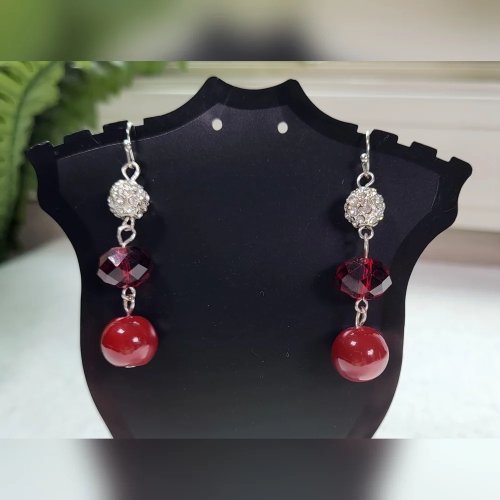 Cranberry Red Beaded Statement Dangle Earrings / Pierced